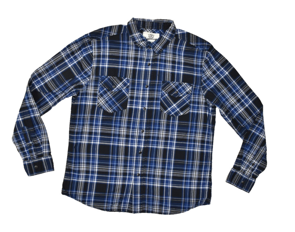 Roebuck & Co. Men's Pearl Snap Shirt Regular Size L Blue Plaid Long Sleeve Weste